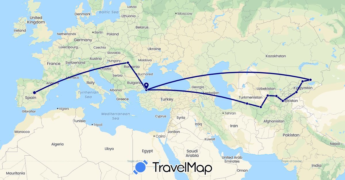 TravelMap itinerary: driving in Spain, Kyrgyzstan, Kazakhstan, Romania, Tajikistan, Turkmenistan, Turkey, Uzbekistan (Asia, Europe)
